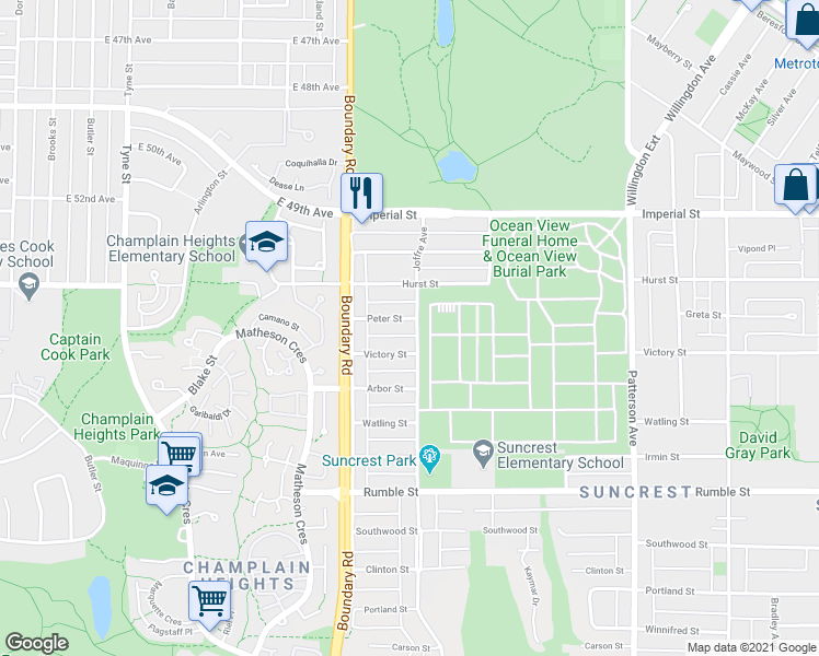 map of restaurants, bars, coffee shops, grocery stores, and more near 3796 Peter Street in Burnaby