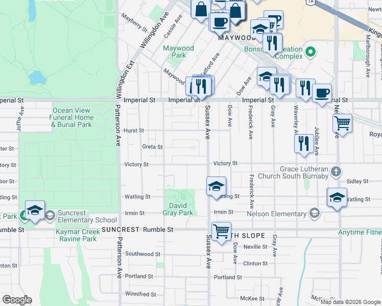 map of restaurants, bars, coffee shops, grocery stores, and more near 4364 Greta Street in Burnaby
