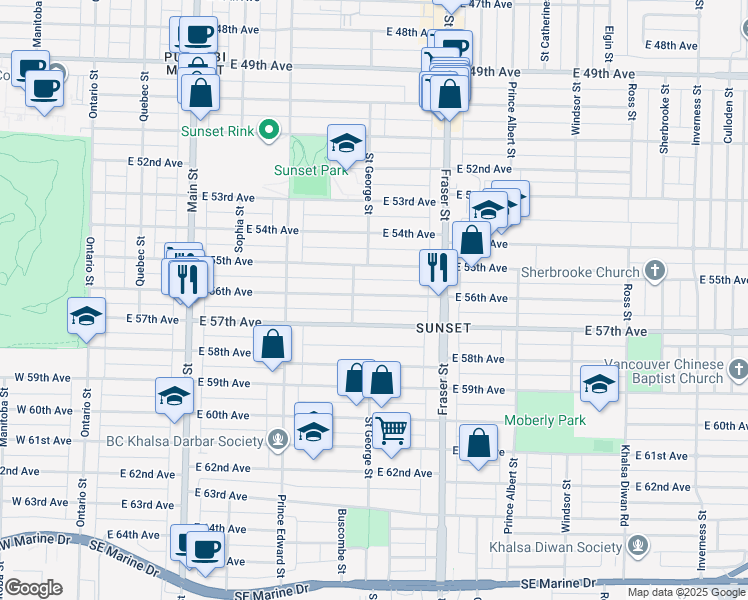 map of restaurants, bars, coffee shops, grocery stores, and more near 550 East 55th Avenue in Vancouver