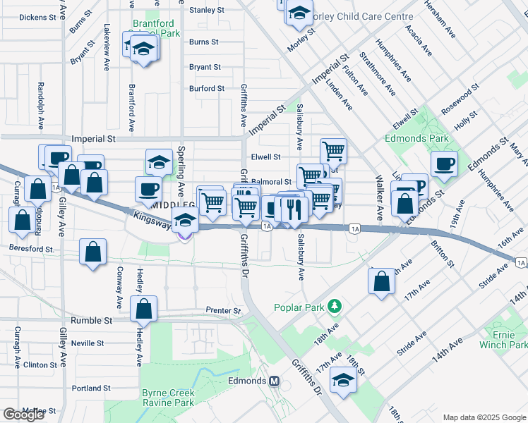 map of restaurants, bars, coffee shops, grocery stores, and more near 6966 Arcola Street in Burnaby
