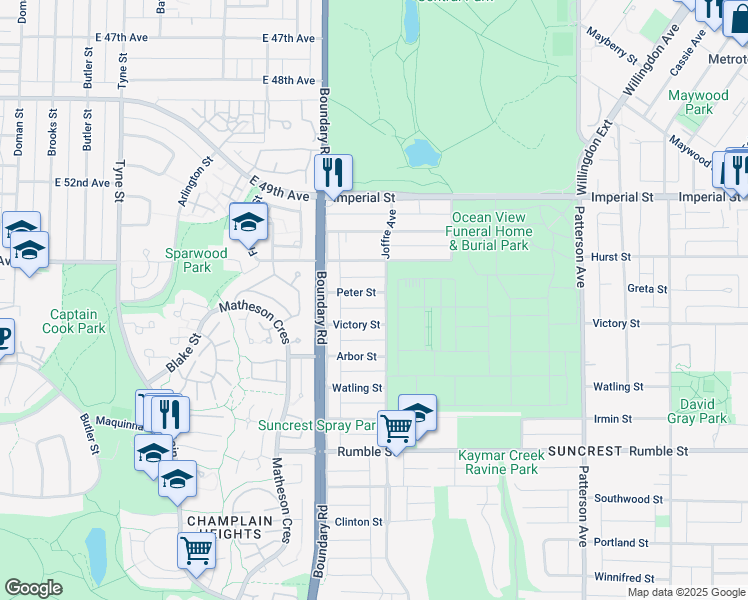 map of restaurants, bars, coffee shops, grocery stores, and more near 3786 Peter Street in Burnaby
