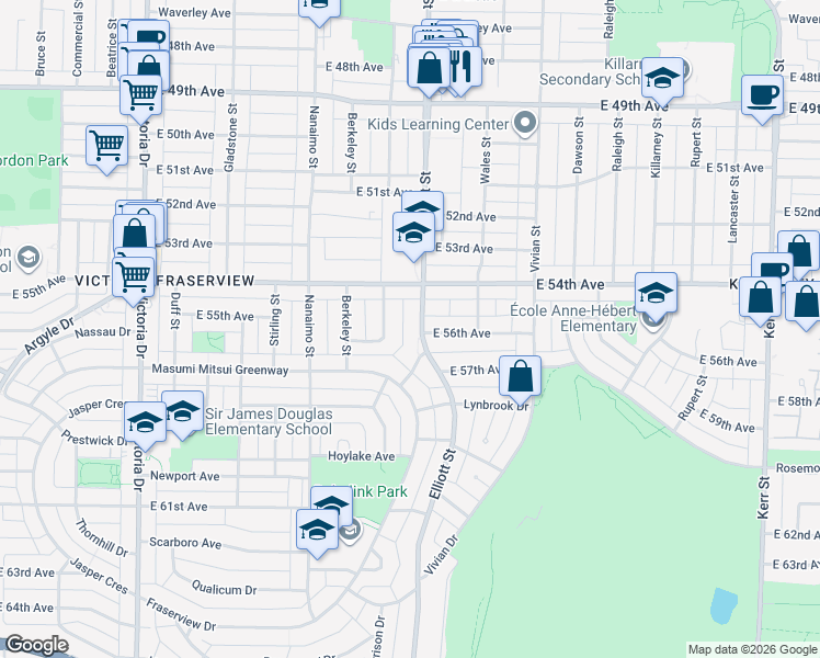 map of restaurants, bars, coffee shops, grocery stores, and more near 7139 Elliott Street in Vancouver