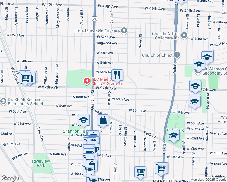 map of restaurants, bars, coffee shops, grocery stores, and more near 1388 West 57th Avenue in Vancouver
