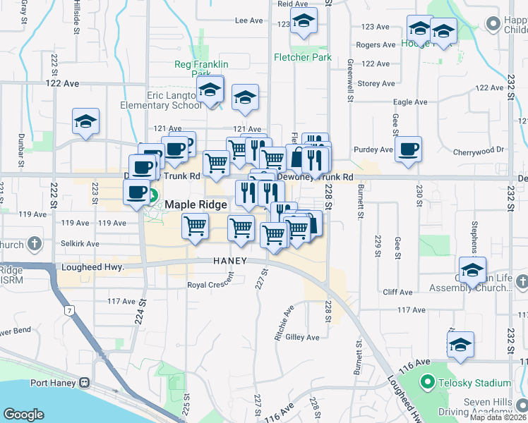 map of restaurants, bars, coffee shops, grocery stores, and more near 11931 227 Street in Maple Ridge