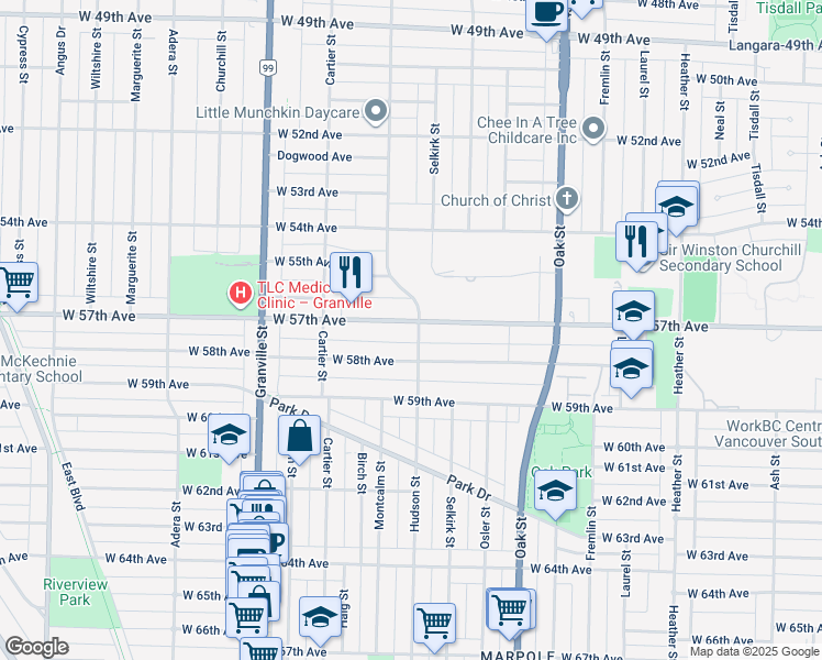 map of restaurants, bars, coffee shops, grocery stores, and more near 1312 West 57th Avenue in Vancouver