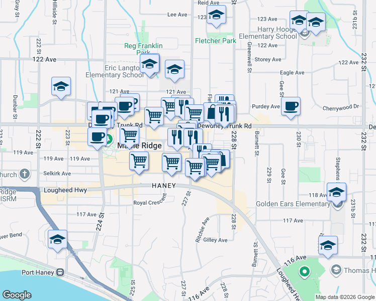 map of restaurants, bars, coffee shops, grocery stores, and more near 11931 227 Street in Maple Ridge