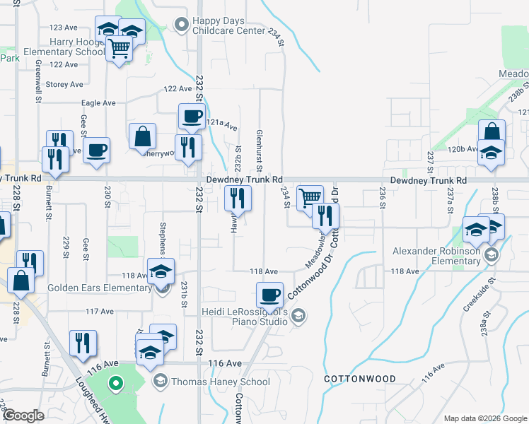 map of restaurants, bars, coffee shops, grocery stores, and more near Glenhurst Street in Maple Ridge