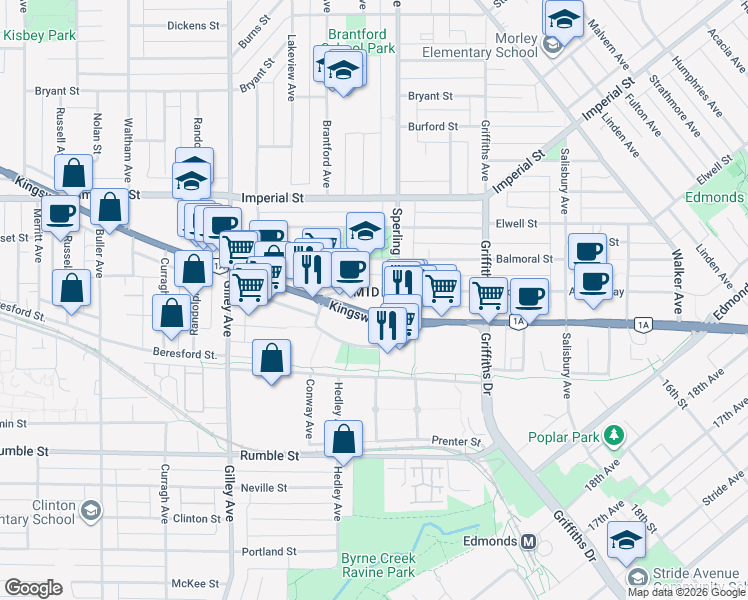 map of restaurants, bars, coffee shops, grocery stores, and more near 6688 Arcola Street in Burnaby