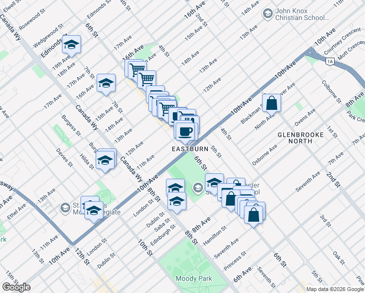 map of restaurants, bars, coffee shops, grocery stores, and more near 7885 6th Street in Burnaby