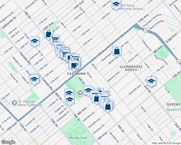 map of restaurants, bars, coffee shops, grocery stores, and more near 921 5th Street in New Westminster