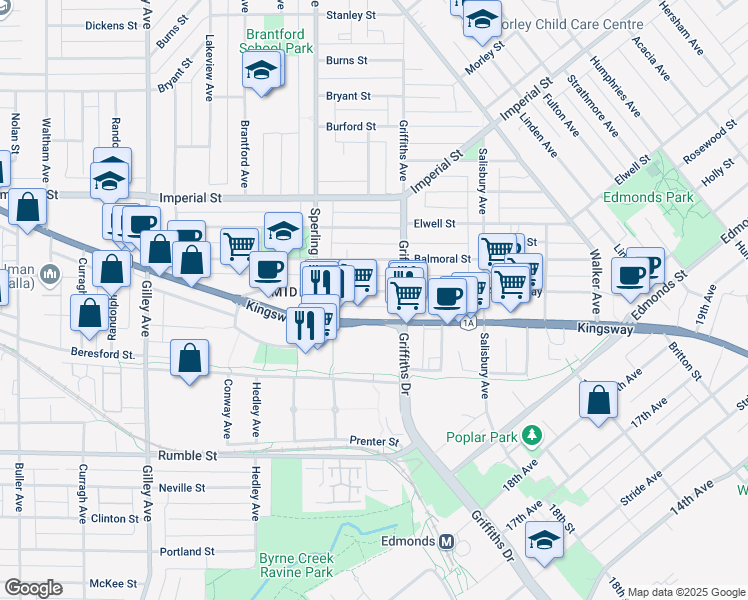 map of restaurants, bars, coffee shops, grocery stores, and more near 6813 Arcola Street in Burnaby