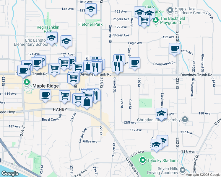 map of restaurants, bars, coffee shops, grocery stores, and more near 11935 Burnett Street in Maple Ridge