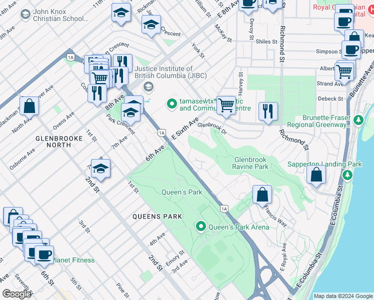 map of restaurants, bars, coffee shops, grocery stores, and more near 415 Ginger Drive in New Westminster