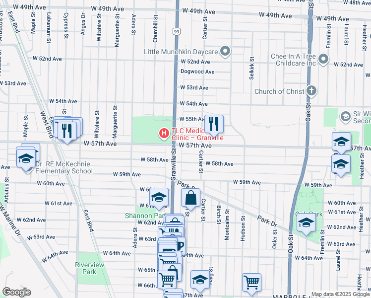 map of restaurants, bars, coffee shops, grocery stores, and more near 1470 West 57th Avenue in Vancouver