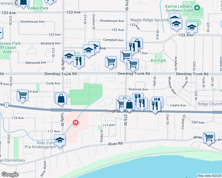 map of restaurants, bars, coffee shops, grocery stores, and more near 21528 Donovan Avenue in Maple Ridge
