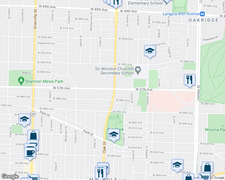 map of restaurants, bars, coffee shops, grocery stores, and more near 1010 West 57th Avenue in Vancouver