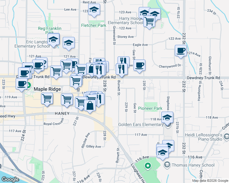 map of restaurants, bars, coffee shops, grocery stores, and more near 11935 Burnett Street in Maple Ridge