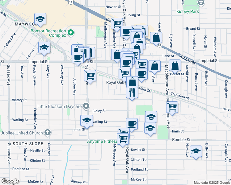 map of restaurants, bars, coffee shops, grocery stores, and more near 7021 Barbell Place in Burnaby