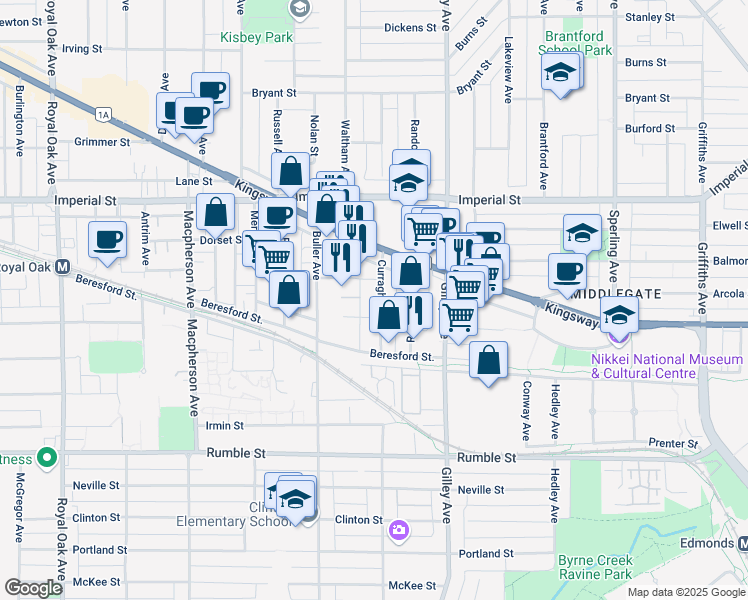 map of restaurants, bars, coffee shops, grocery stores, and more near 7070 Curragh Avenue in Burnaby