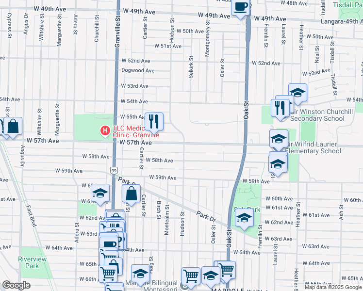 map of restaurants, bars, coffee shops, grocery stores, and more near 7303 Hudson Street in Vancouver