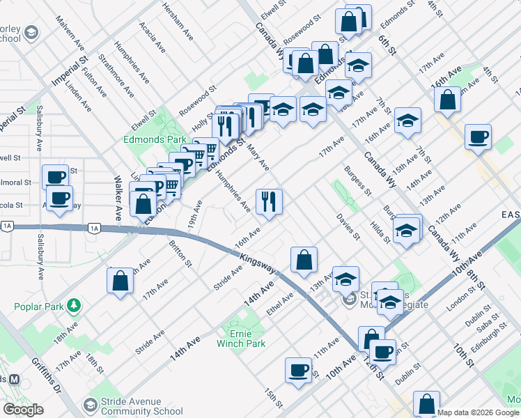 map of restaurants, bars, coffee shops, grocery stores, and more near 7448 17th Avenue in Burnaby