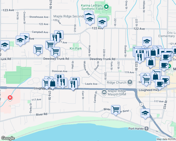 map of restaurants, bars, coffee shops, grocery stores, and more near 11936 Wicklow Way in Maple Ridge