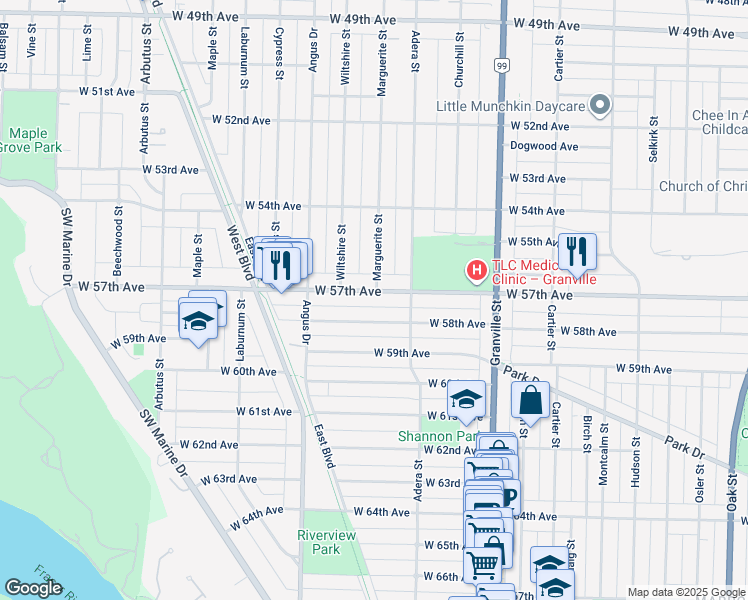 map of restaurants, bars, coffee shops, grocery stores, and more near 1706 West 57th Avenue in Vancouver