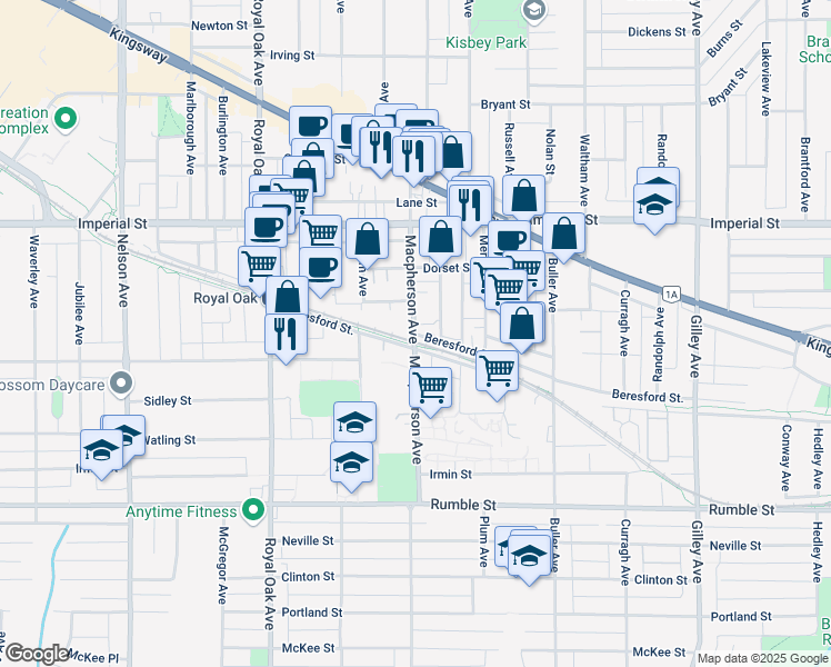 map of restaurants, bars, coffee shops, grocery stores, and more near 7084 Macpherson Avenue in Burnaby
