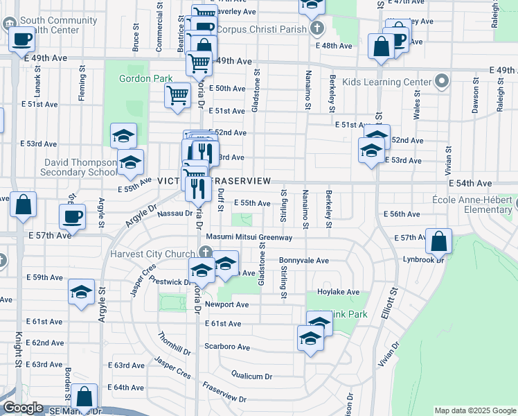 map of restaurants, bars, coffee shops, grocery stores, and more near 2216 East 55th Avenue in Vancouver