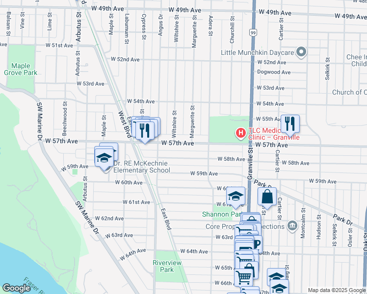 map of restaurants, bars, coffee shops, grocery stores, and more near in Vancouver