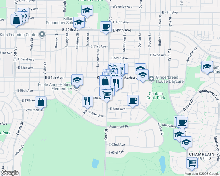 map of restaurants, bars, coffee shops, grocery stores, and more near 7132 Kerr Street in Vancouver