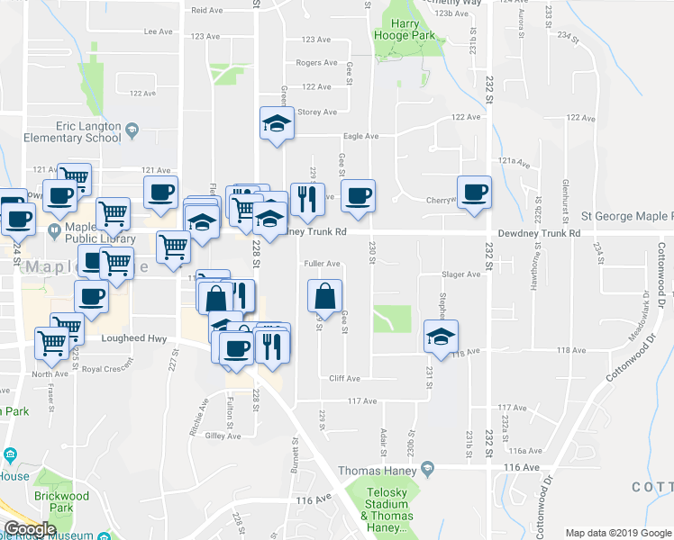 map of restaurants, bars, coffee shops, grocery stores, and more near 22938 Fuller Avenue in Maple Ridge
