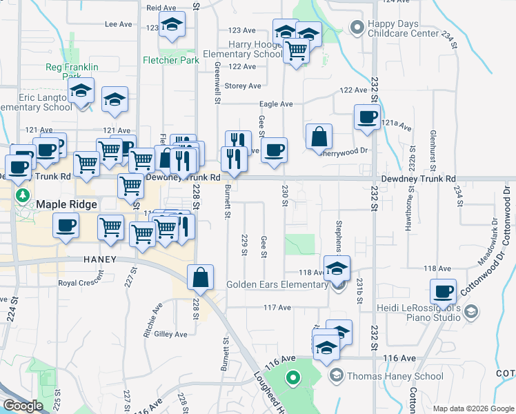 map of restaurants, bars, coffee shops, grocery stores, and more near 22949 Fuller Avenue in Maple Ridge