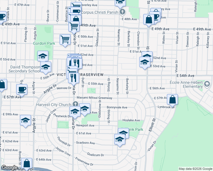 map of restaurants, bars, coffee shops, grocery stores, and more near 7111 Stirling Street in Vancouver
