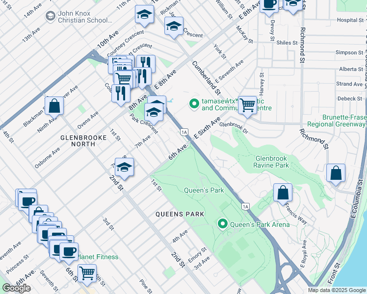map of restaurants, bars, coffee shops, grocery stores, and more near 15 Sixth Avenue in New Westminster