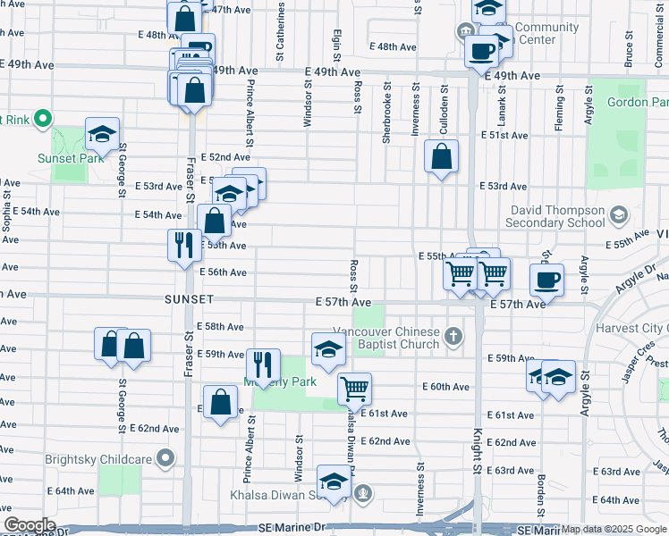 map of restaurants, bars, coffee shops, grocery stores, and more near 1065 East 56th Avenue in Vancouver