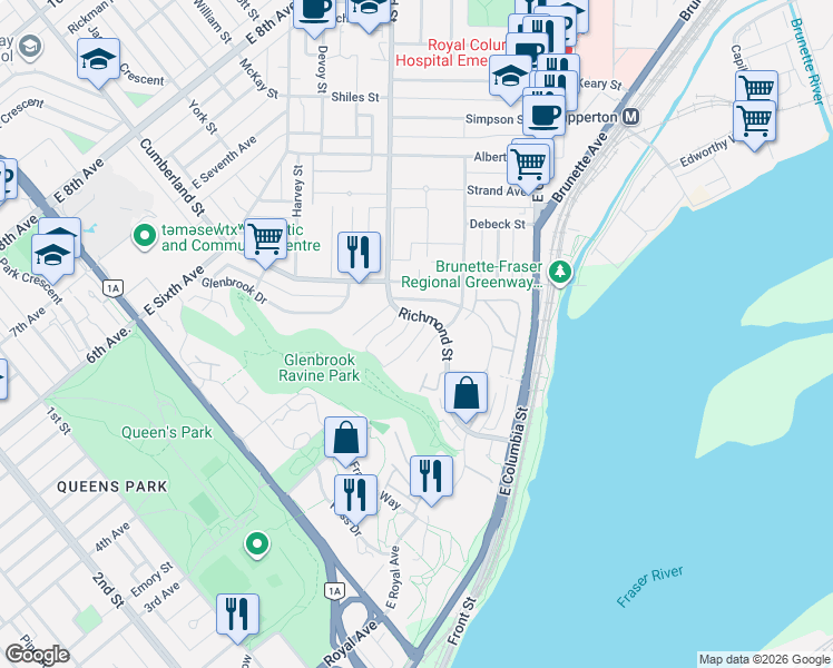 map of restaurants, bars, coffee shops, grocery stores, and more near 78 Richmond Street in New Westminster