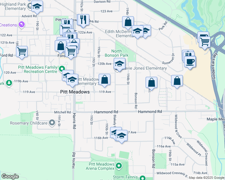 map of restaurants, bars, coffee shops, grocery stores, and more near 11923 Blakely Road in Pitt Meadows