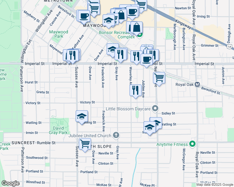 map of restaurants, bars, coffee shops, grocery stores, and more near Gray Avenue in Burnaby