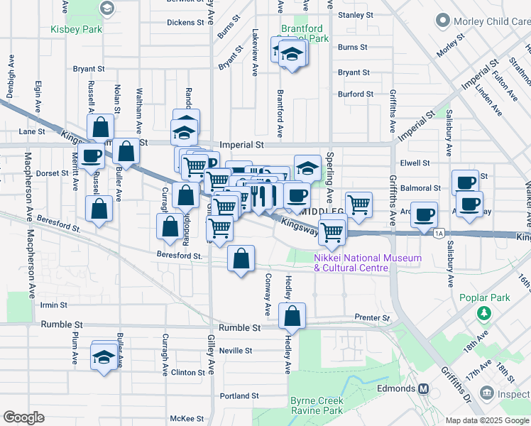 map of restaurants, bars, coffee shops, grocery stores, and more near 6569 Kingsway in Burnaby