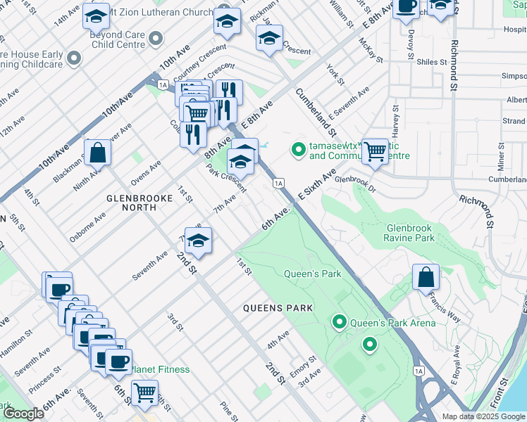map of restaurants, bars, coffee shops, grocery stores, and more near 625 Park Crescent in New Westminster