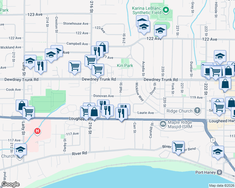 map of restaurants, bars, coffee shops, grocery stores, and more near 21733 Donovan Avenue in Maple Ridge