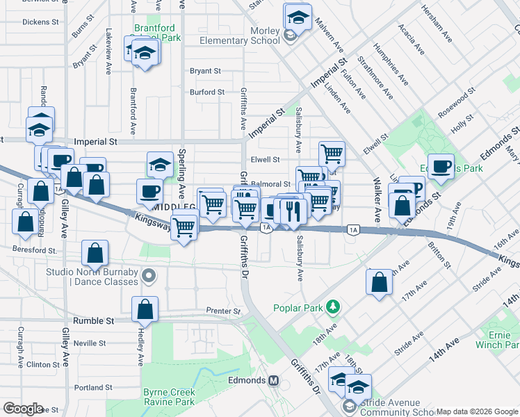 map of restaurants, bars, coffee shops, grocery stores, and more near in Burnaby