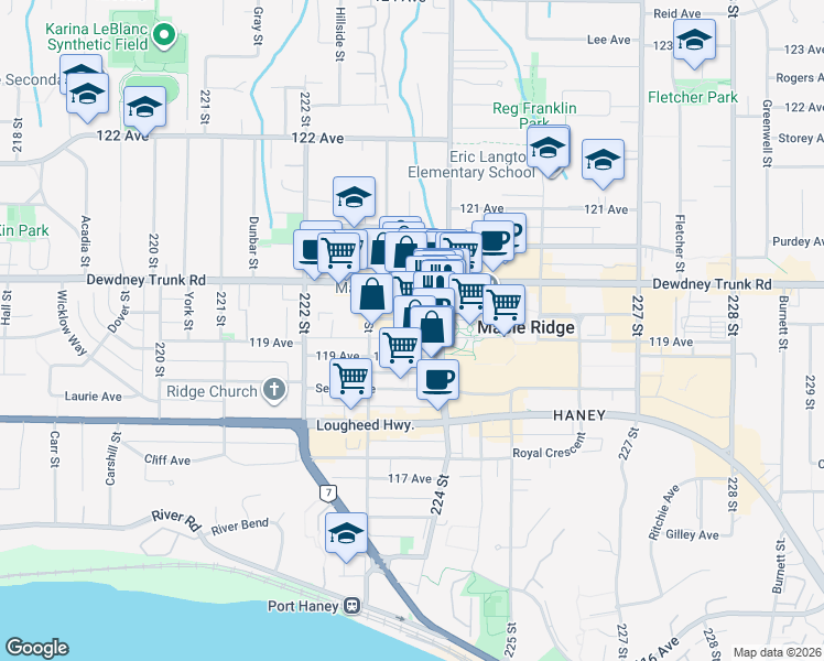 map of restaurants, bars, coffee shops, grocery stores, and more near 22364 McIntosh Avenue in Maple Ridge