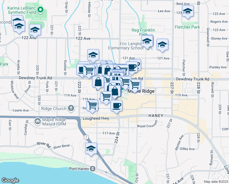 map of restaurants, bars, coffee shops, grocery stores, and more near 22364 McIntosh Avenue in Maple Ridge