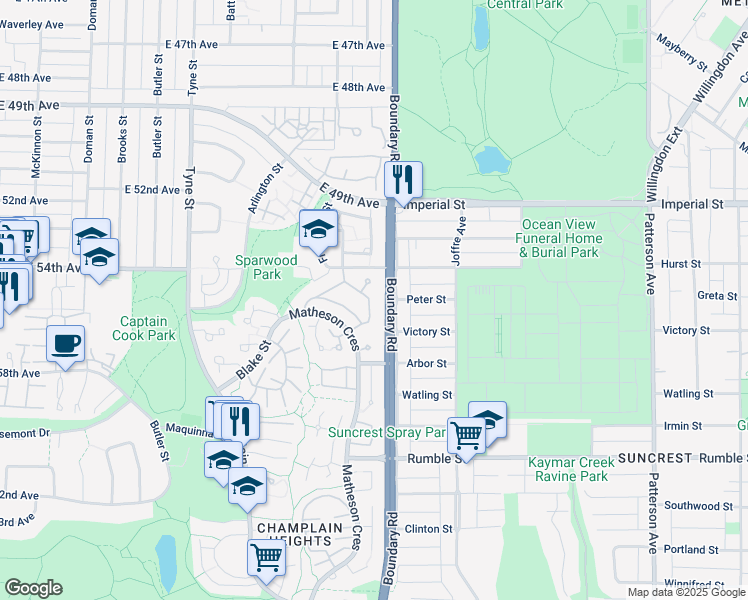 map of restaurants, bars, coffee shops, grocery stores, and more near 7225 Quatsino Drive in Vancouver