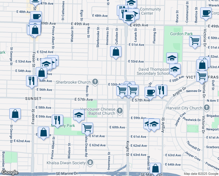 map of restaurants, bars, coffee shops, grocery stores, and more near 7160 Inverness Street in Vancouver