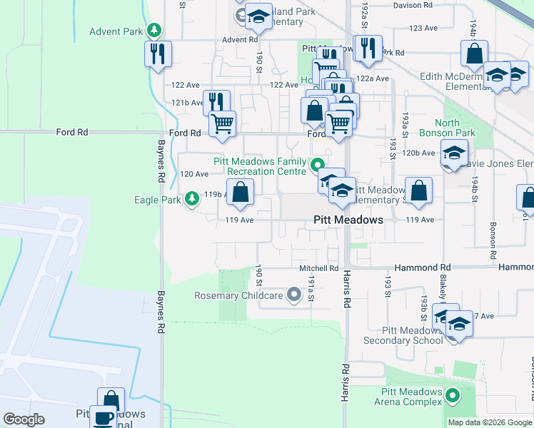 map of restaurants, bars, coffee shops, grocery stores, and more near in Pitt Meadows