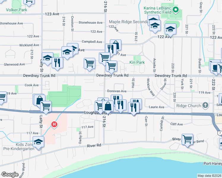 map of restaurants, bars, coffee shops, grocery stores, and more near 11938 216 Street in Maple Ridge