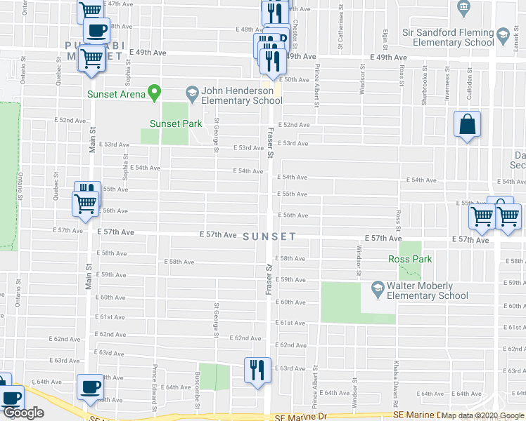 map of restaurants, bars, coffee shops, grocery stores, and more near 7191 Fraser Street in Vancouver